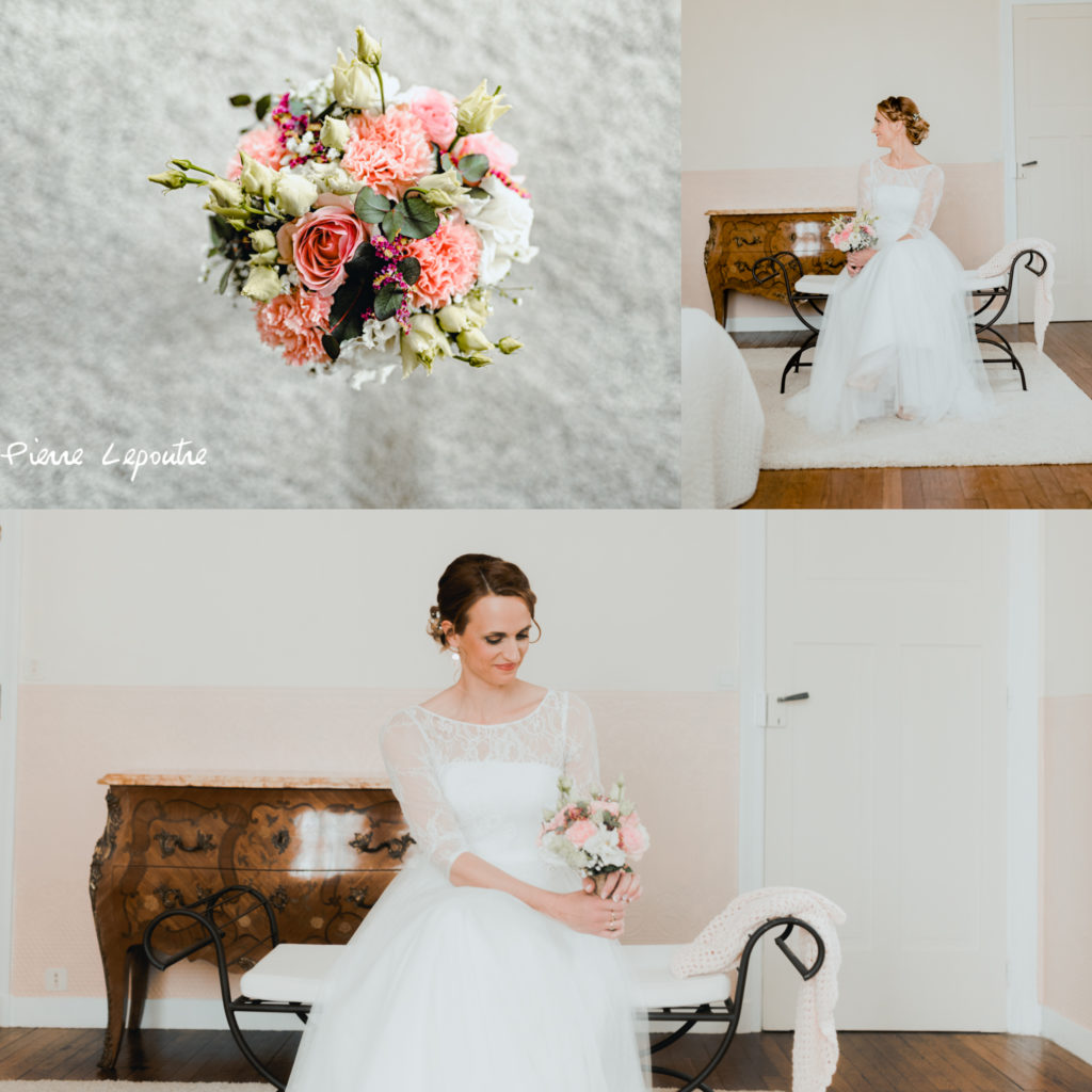 Photos de Pierre Lepoutre des préparatifs de la marié et du bouquet de fleur de la mariée