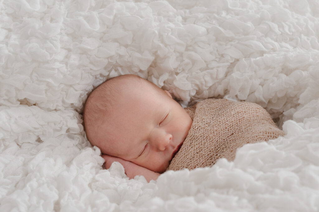 Séance nouveau-né enveloppement sur fond boisé neutre